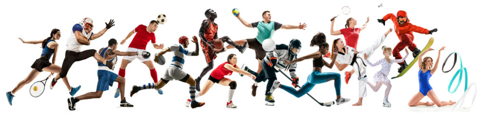 Creative collage of photos of 15 models running and jumping. Advertising, sport, healthy lifestyle,...