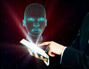 Hand using cellphone with AI interface