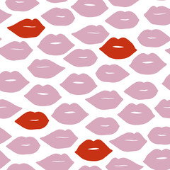 Vector hand drawn lips seamless pattern. Red and pink abstract fashion background. Beauty and gender illustration.