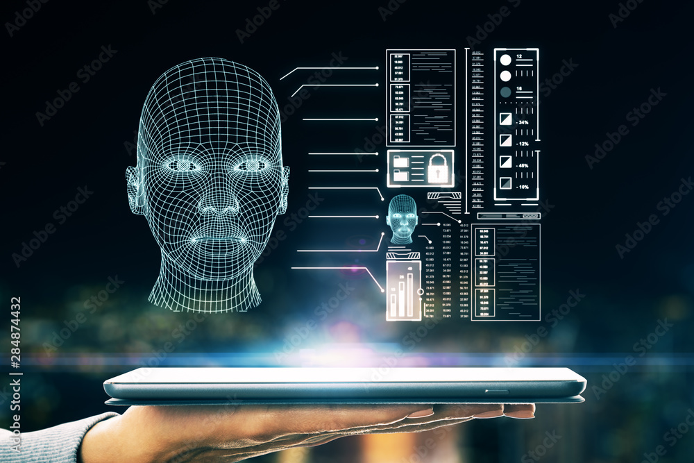 Aufkleber hand using tablet with ai interface
