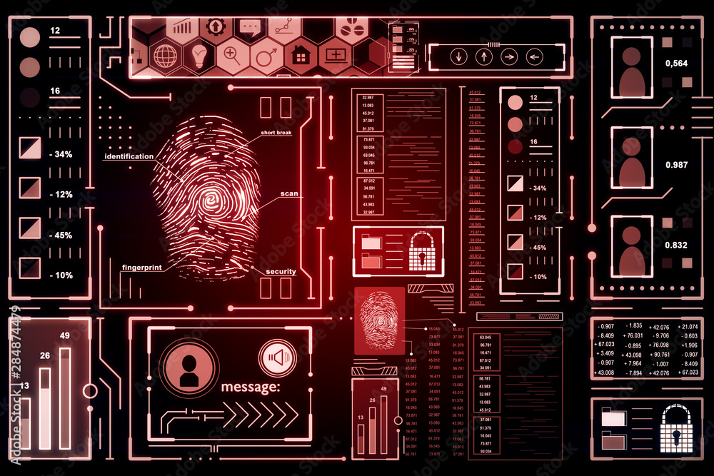 Poster glowing red fingerprint interface