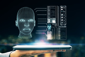 Hand using tablet with AI interface