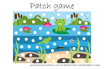 Education Patch game pond for children to develop motor skills, use plasticine patches, buttons, colored paper or color the page, kids preschool activity, printable worksheet, vector illustration