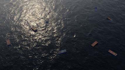 Shipping accident. container in the sea. Floating cargo container in the sea. 3D render. Perspective from above.