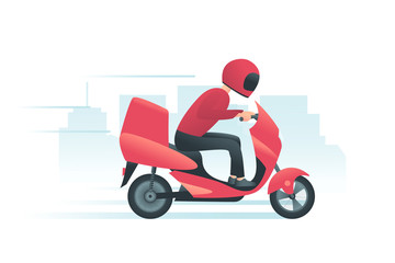 Courier on the red motorbike with city background