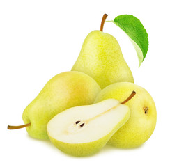 Composition with whole and cutted yellow pears isolated on a white background.