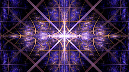 Abstract fractal background made out of   an intricate large central star with decorative beams, arches, rings and rectangular tiles in shining purple,orange