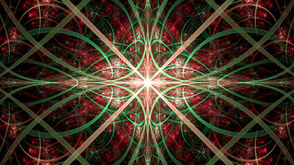 Abstract fractal background made out of   an intricate large central star with decorative beams, arches, rings and rectangular tiles in shining red,green