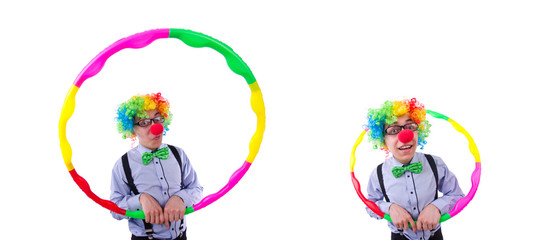 Funny clown with hula hoop on white