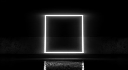 Square Neon glowing light on dark abstract background. 3d rendering.