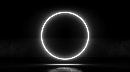 Circle Neon glowing light on dark abstract background. 3d rendering.