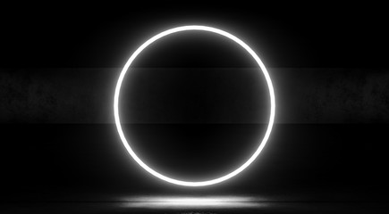 Circle Neon glowing light on dark abstract background. 3d rendering.