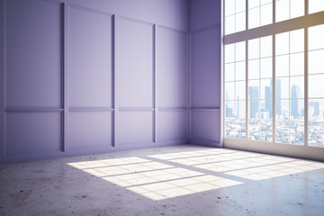 New modern penthouse room with lilac wall, concrete floor and big window.