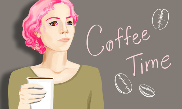 Drawn portrait of attractive woman with coffee