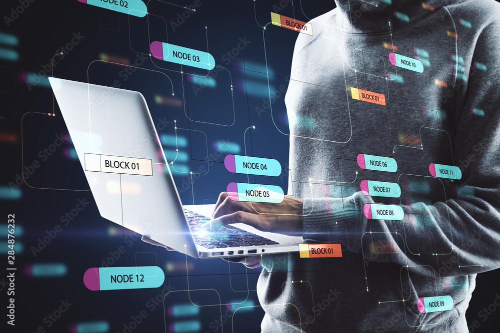 Aufkleber Malware and hacking concept with hacker body using laptop and digital screen with node tree.