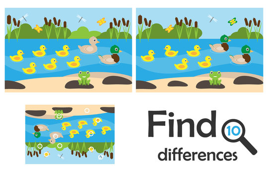 Find 10 differences, game for children, pond with ducks cartoon, education game for kids, preschool worksheet activity, task for the development of logical thinking, vector illustration