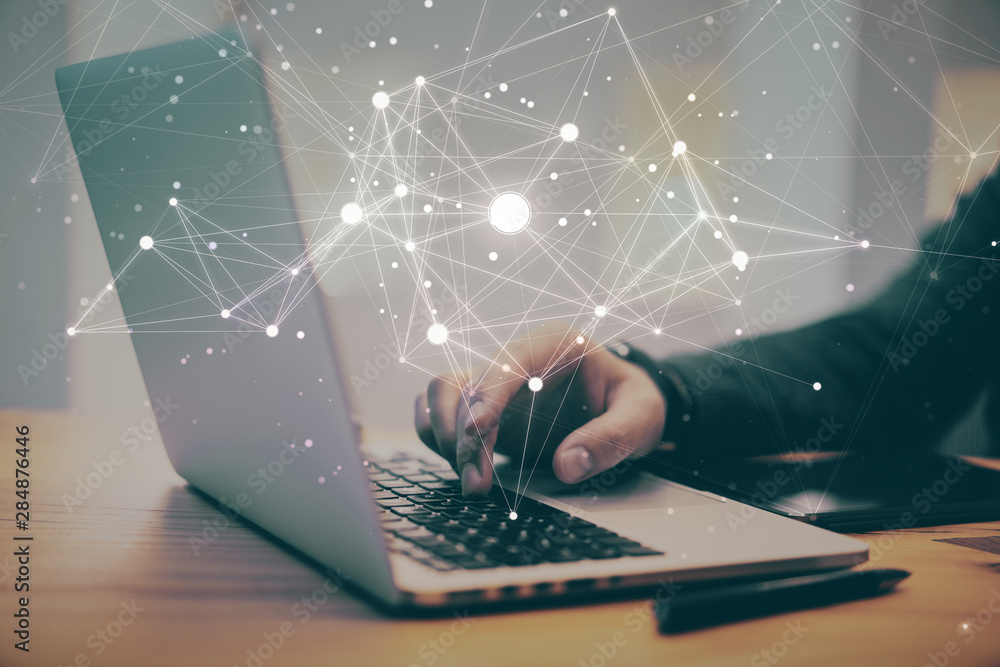 Poster hands using laptop with big data