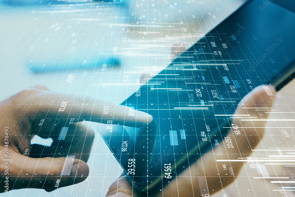 Poster hands using tablet with big data