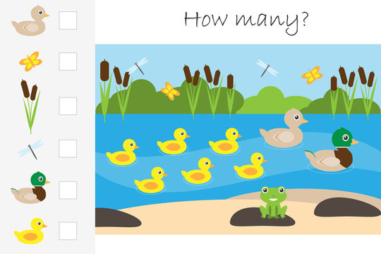 How many counting game, pond with ducks for kids, educational maths task for the development of logical thinking, preschool worksheet activity, count and write the result, vector illustration