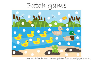 Education Patch game pond for children to develop motor skills, use plasticine patches, buttons, colored paper or color the page, kids preschool activity, printable worksheet, vector illustration