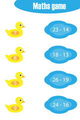 Maths game with pictures of pond and ducks for children, middle level, education game for kids, preschool worksheet activity, task for the development of logical thinking, vector illustration
