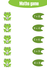 Maths game with pictures of pond life for children, easy level, education game for kids, preschool worksheet activity, task for the development of logical thinking, vector illustration