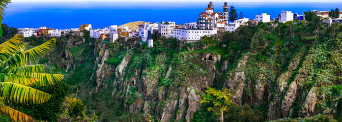 Beautiful mountain village Moya over rocks - Gran Canaria, Travel in Grand Canary island