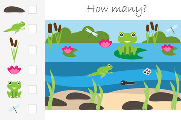 How many counting game, pond with frog for kids, educational maths task for the development of logical thinking, preschool worksheet activity, count and write the result, vector illustration