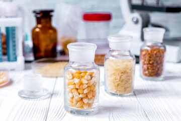 Laboratory for food analysis cereals test no one wooden background