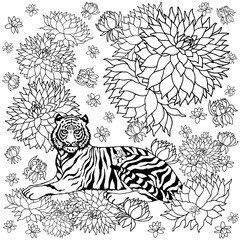 tiger and flower pattern vector contrast abstract illustration design hand drawing