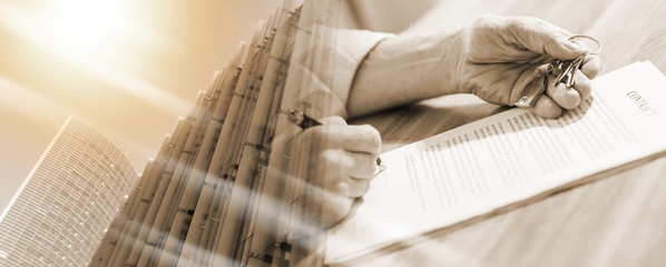 Real estate contract signature (lorem ipsum text used; multiple exposure