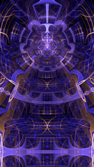 Abstract fractal background made out of intricate pattern of interconnected rings, arches and geometric patterns in glowing Purple, yellow
