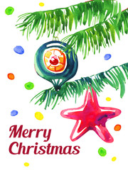 Fototapeta na wymiar Christmas tree toys. Hand drawn sketch watercolor set of New Year decorations