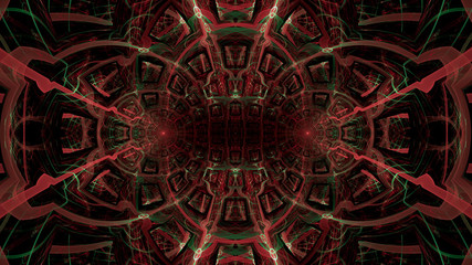 Abstract fractal background made out of intricate pattern of interconnected rings, arches and geometric patterns in glowing red and green