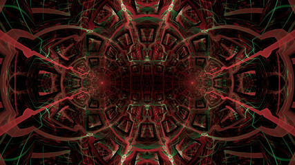Abstract fractal background made out of intricate pattern of interconnected rings, arches and geometric patterns in glowing red and green