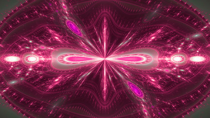 Abstract fractal background made out of interconnected balanced rings, beams and stars with an intricate decorative pattern in shining green,pink