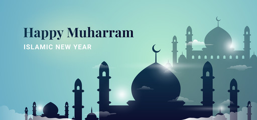 Happy Muharram Islamic New Hijri year background design. Great mosque above the cloud with holy light effect. Muslim community festival backdrop banner template.