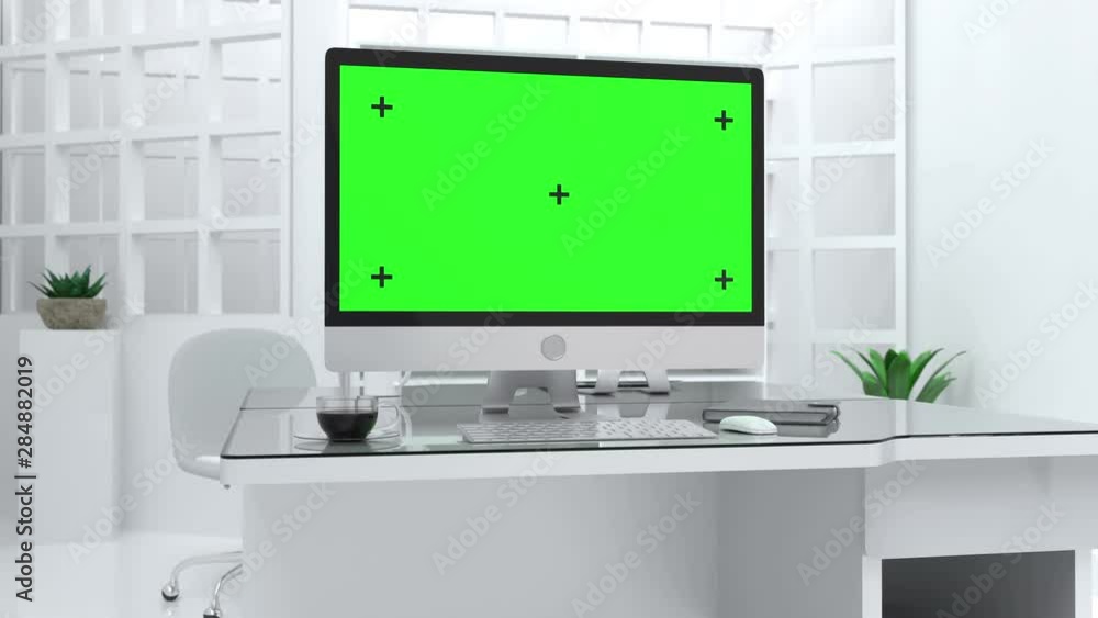 Poster 08132computer background. computer mock up with green screen on work desk in office white color. 3d 