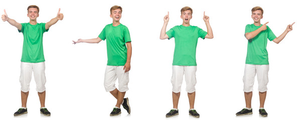 Young boy in green t-shirt isolated on white