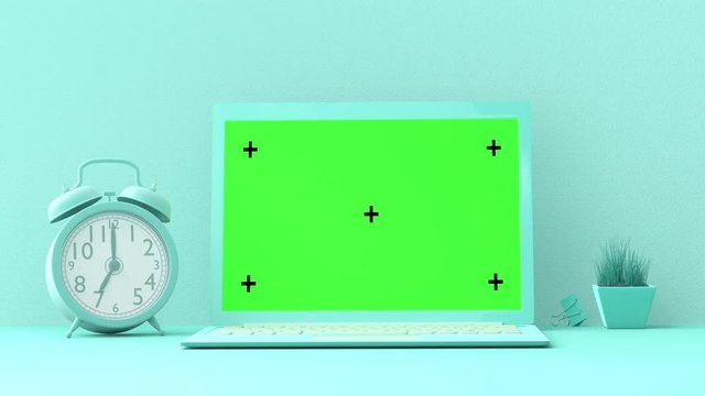 Blue clock work desk and Laptop mock up with green screen, Minimal and Break time idea concept. The beginning of time 12.00 run fast to 01.00. Timelapse moving fast, 3D Render.