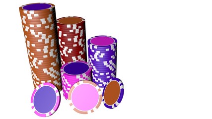 Set of poker chips of different colors isolated on white background.