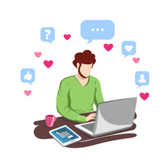 Fototapeta na wymiar Female blogger with laptop sitting at desk. Social media marketing. Vector illustration.