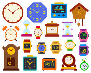 Watch alarm clock timer flat color vector set