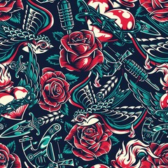 Cotton fabric Vintage colorful tattoos seamless pattern