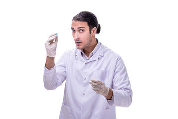 Young handsome doctor with syringe isolated on white