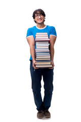 Male student with many books isolated on white