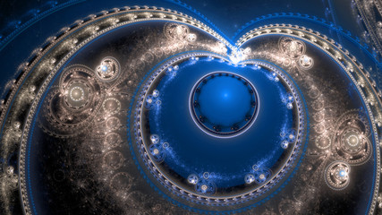 Fototapeta na wymiar Abstract fractal background made out of interconnected balanced rings, beams and stars with an intricate decorative pattern in shining blue