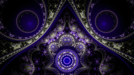 Abstract fractal background made out of interconnected balanced rings, beams and stars with an intricate decorative pattern in shining purple, violet
