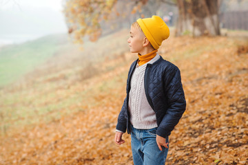 Schoolboy walking in the autumn park. Stylish kid wears jacket, sweater and pants. Autumn fashion, lifestyle.