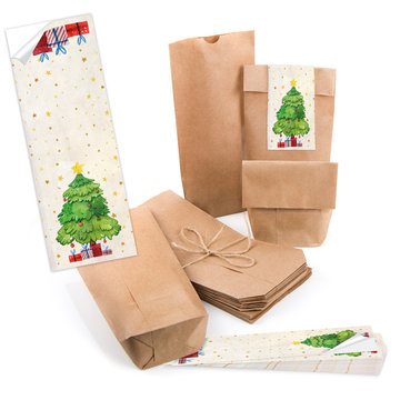 Weihnachten Verpackung isoliert: braune Geschenkbeutel mit Aufkleber zum Verschließen